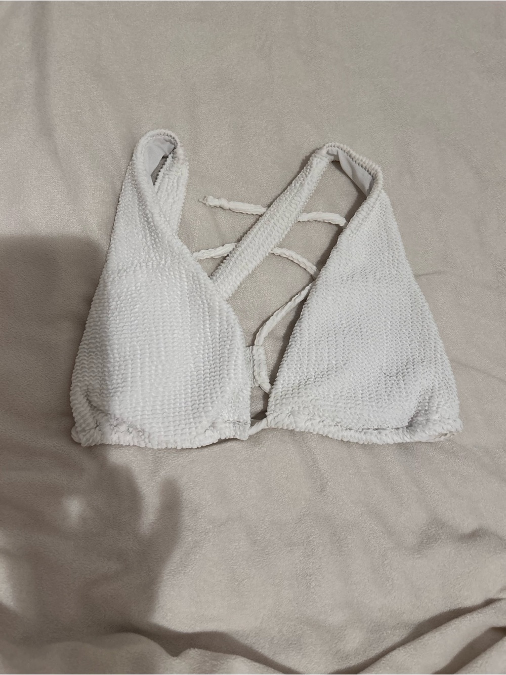 White Textured Triangle Bikini Top with Lace-Up Back